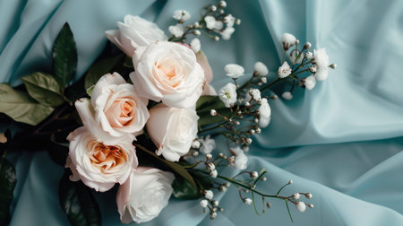 A stunning close-up of a delicate bouquet featuring pastel roses and white flowers arranged on soft blue fabric, creating an elegant and calming aesthetic.の素材
