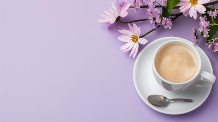 A serene still life featuring a white coffee cup accompanied by delicate pink flowers on a soft lilac background, evoking springtime elegance and warmth.の素材