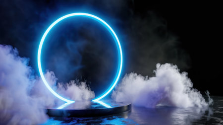 This captivating image features a glowing neon circle surrounded by fog, creating a dramatic atmosphere ideal for modern art, technology, or abstract concepts.の素材
