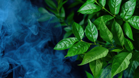This stunning close-up captures fresh green leaves set against an ethereal smoke background, creating a soothing and tranquil ambiance perfect for relaxation and peace.の素材
