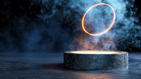 A captivating scene depicting a glowing orb suspended elegantly above a rugged stone platform, enveloped by swirling blue smoke in a dark setting.の素材