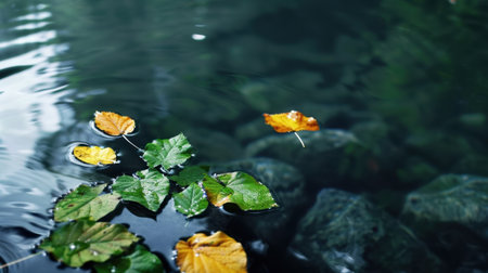 A serene water surface features vibrant floating leaves and smooth stones, capturing nature's tranquility in soft light. Ideal for showcasing natural beauty.の素材