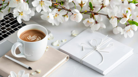 A serene workspace featuring a cup of coffee with latte art beside a sleek notebook, surrounded by blooming flowers, perfect for inspiration and relaxation.の素材