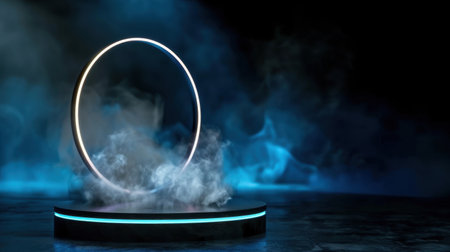 A modern circular light ring rests on a dark podium, surrounded by fog and smoke, creating an artistic and dramatic atmosphere for various visual displays.の素材