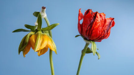 Captivating image showcasing the contrast between a yellow flower bud and a red flower petal set against a soft blue background, symbolizing duality and nature's lifecycle.の素材