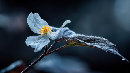 A closeup image showcasing a delicate flower adorned with dew on a leaf, encapsulating the serenity and beauty of nature in soft focus.の素材
