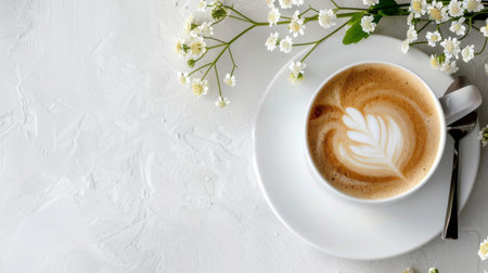 A stunning cup of coffee featuring intricate latte art, beautifully presented on a white table with delicate white flowers. Perfect for cozy moments.の素材