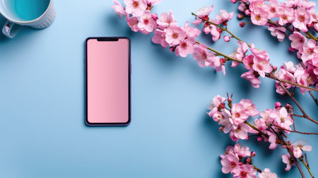 A stylish smartphone rests on a pastel blue surface, surrounded by delicate pink cherry blossoms and a turquoise cup, creating a serene spring atmosphere.の素材