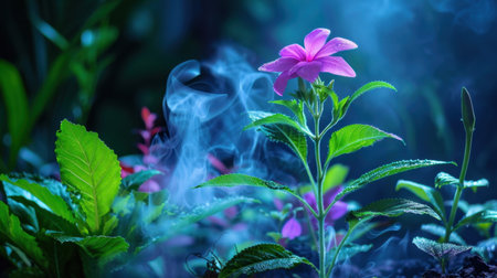 A stunning close-up of a vibrant flower surrounded by lush greenery and mist. The ethereal blue light creates a tranquil atmosphere in this enchanting nature scene.の素材