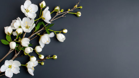 A beautiful arrangement of delicate white blossoms on branches enhances a dark background, creating an elegant and serene atmosphere perfect for spring themes.の素材