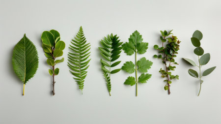 A visually appealing arrangement of various fresh green leaves on a neutral background, showcasing the beauty and diversity of nature's foliage. Perfect for projects that focus on organic themes, sustainability, and botanical aesthetics.の素材