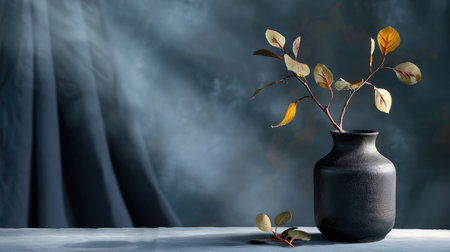A striking image of an elegant black vase filled with autumn leaves, set against a softly textured background, perfect for minimalist decor.の素材
