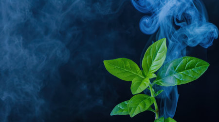 A stunning close-up of fresh green leaves rising from swirling smoke, creating a captivating visual against a dark backdrop, symbolizing life and tranquility.の素材