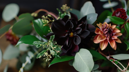 A stunning close-up of an elegant floral arrangement featuring dark blooms and vibrant petals, surrounded by lush greenery in a natural setting.の素材