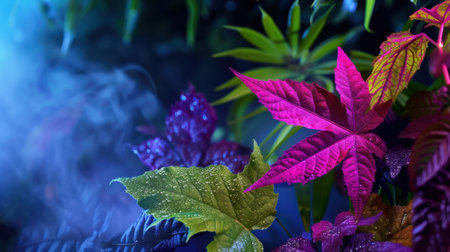 A stunning close-up of colorful leaves adorned with raindrops, set against a mystical backdrop of greenery and light fog, creating a serene atmosphere.の素材