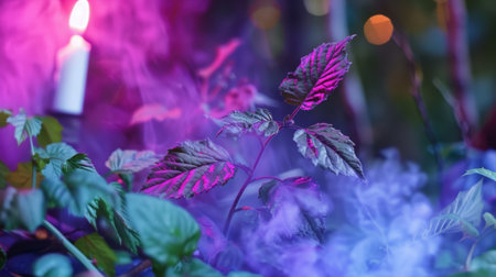 A captivating scene featuring a young plant with colorful lighting and a candle flame, surrounded by fog and bokeh effects, evoking a dreamy ambiance.の素材