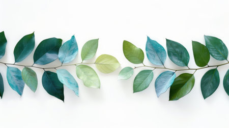 A captivating arrangement of fresh green and teal leaves against a white background, perfect for botanical themes and nature-inspired designs. The serene composition offers a calming visual ideal for decor or artistic projects.の素材