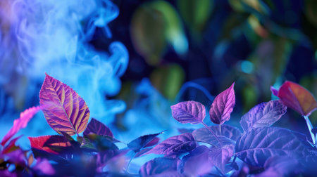 A captivating display of vibrant leaves enveloped in colorful mist and soft smoke, creating a dreamy and enchanting atmosphere in nature.の素材