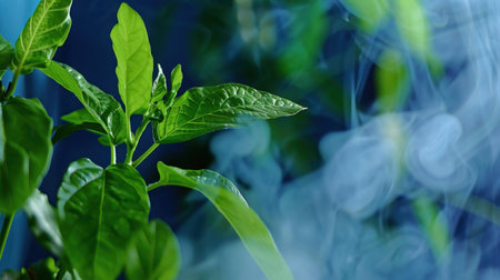 This captivating image features lush green leaves set against a soft smoke effect, creating an atmosphere of tranquility and organic beauty. Perfect for nature-themed projects.の素材