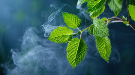 A captivating image featuring vibrant green leaves emerging from delicate wisps of soft smoke, creating an enchanting and serene atmosphere, perfect for nature-themed projects.の素材