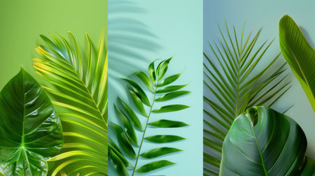 A stunning collection of tropical leaves displaying a variety of textures and colors, set against soft pastel backgrounds, creating a serene atmosphere.の素材