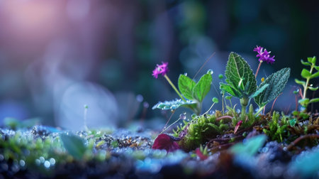 This close-up image captures a vibrant display of wildflowers surrounded by dewy leaves in a serene forest setting, evoking tranquility and natural beauty.の素材