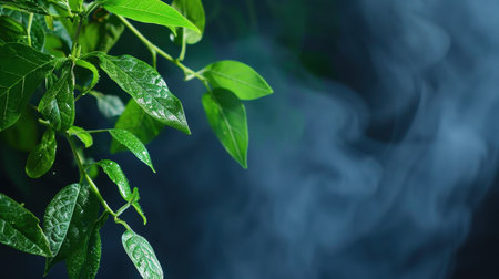 Captivating close-up of fresh green leaves adorned with water drops, surrounded by mystical smoke. This image embodies nature's tranquility and beauty.の素材