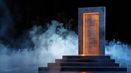 A striking image of a glowing doorway surrounded by fog and dim lighting, creating a mysterious and captivating atmosphere. Ideal for fantasy and surreal themes.の素材