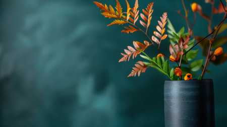 A stylish dark ceramic vase holds vibrant autumn foliage with rich textures and colors. The blurred teal background adds a serene, artistic touch.の素材