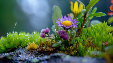 This striking image features vibrant wildflowers in purple and yellow, surrounded by lush green moss. Dewdrops glisten in soft natural light, creating an enchanting forest scene.の素材