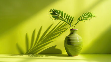 This image features a bright green vase filled with tropical leaves, casting playful shadows against a vibrant yellow background, creating a lively atmosphere.の素材