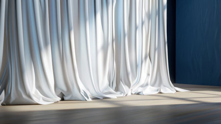 A serene interior scene featuring soft white drapery in a bright room. The elegant fabric contrasts beautifully with the blue wall, creating a peaceful ambiance.の素材