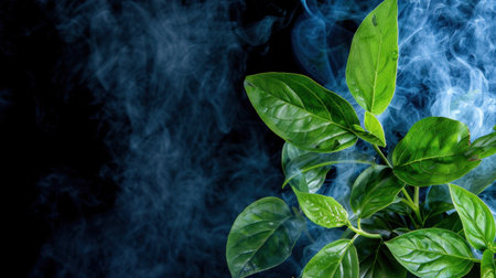 This image showcases vivid green leaves emerging amidst a soft smoky background, creating a tranquil and mystical atmosphere perfect for nature-inspired themes.の素材