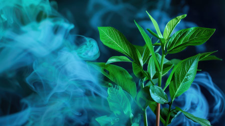 A vibrant green plant stands resilient amid swirling colorful smoke, creating a stunning visual of natureの素材