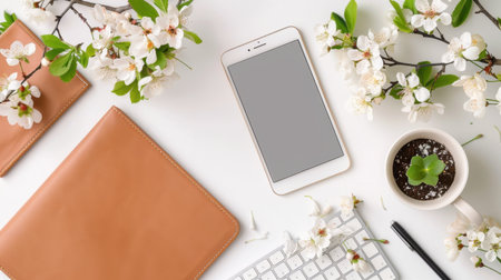 This elegant workspace features a smartphone, a notebook, blooming flowers, and a green plant, creating a fresh and inviting atmosphere perfect for productivity.の素材