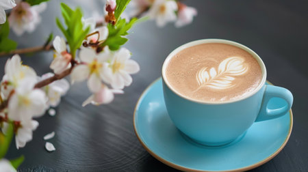 A beautiful scene of a light blue cup filled with freshly brewed coffee, showcasing intricate latte art, elegantly framed by delicate cherry blossoms on a dark wooden table.の素材