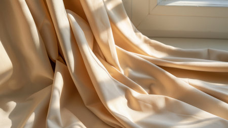 A beautifully draped soft beige fabric captures the essence of elegance in natural light, perfect for showcasing interior design concepts and textile details.の素材