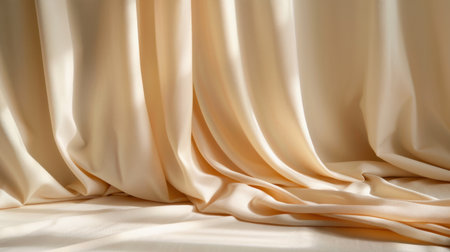 This stunning image features elegant cream silk fabric draped gracefully, capturing soft textures and warm natural light. Ideal for design inspiration.の素材