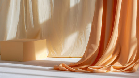 A serene composition featuring soft fabric drapes and geometric shapes, illuminated by natural light, creating an elegant and minimalist atmosphere.の素材