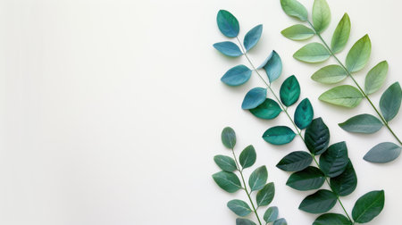 This image showcases an elegant arrangement of various green leaves against a soft, neutral background, perfect for nature-inspired design projects.の素材