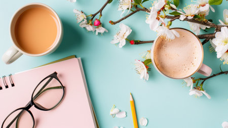 A calming flat lay featuring two cups of coffee and tea alongside a pink notebook and glasses, all adorned with delicate cherry blossoms on a soothing blue surface.の素材