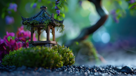 Explore a serene Japanese garden featuring a charming gazebo enveloped in lush greenery and colorful blooms, creating a tranquil outdoor atmosphere.の素材