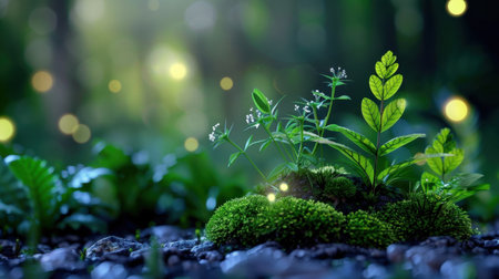 A vivid display of green plants emerging from moss-covered ground in a tranquil forest. Soft glowing lights provide a mystical ambiance. Ideal for nature-themed projects.の素材