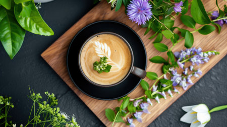 A captivating coffee cup elegantly placed on a wooden board, adorned with an intricate latte art design, surrounded by lush flowers and green leaves, creating a serene atmosphere for coffee lovers.の素材