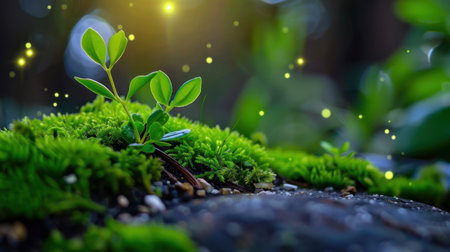 A vibrant green seedling grows on a lush mossy log, softly illuminated by ambient light. This serene nature scene captures the essence of renewal and tranquility.の素材