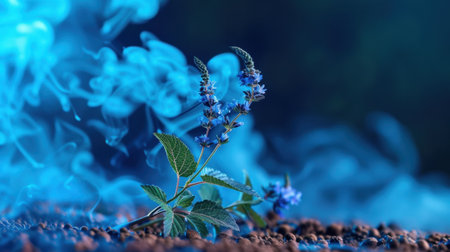 A striking close-up of delicate blue flowers rising from the soil, enveloped in swirling ethereal smoke, creating a serene and artistic ambiance.の素材