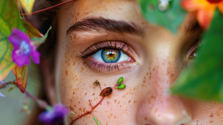 A captivating close-up portrait showcasing a woman's enchanting eye surrounded by vibrant floral elements and greenery, highlighting her natural beauty.の素材