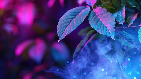 This stunning close-up image showcases vibrant leaves illuminated by colorful neon lights, set against a backdrop of soft mist. Perfect for creative design.の素材