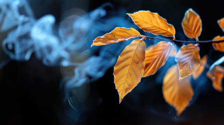 A captivating image of golden autumn leaves gracefully hanging against a dark backdrop, enhanced by soft smoke and abstract bokeh effects, evoking a sense of tranquility.の素材