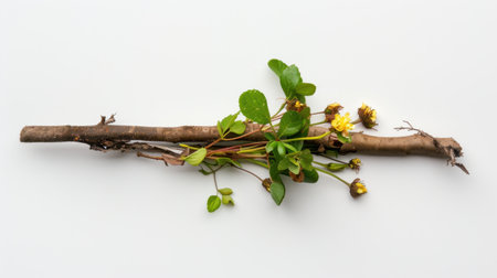 An artistic composition featuring a rustic wooden stick intertwined with vibrant green leaves and wildflowers, showcasing nature's beauty and simplicity.の素材
